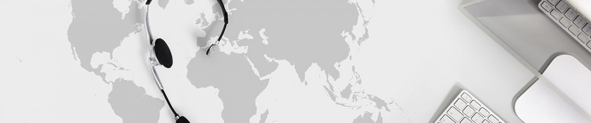 contact global concept , top view desk with headset, computer and map